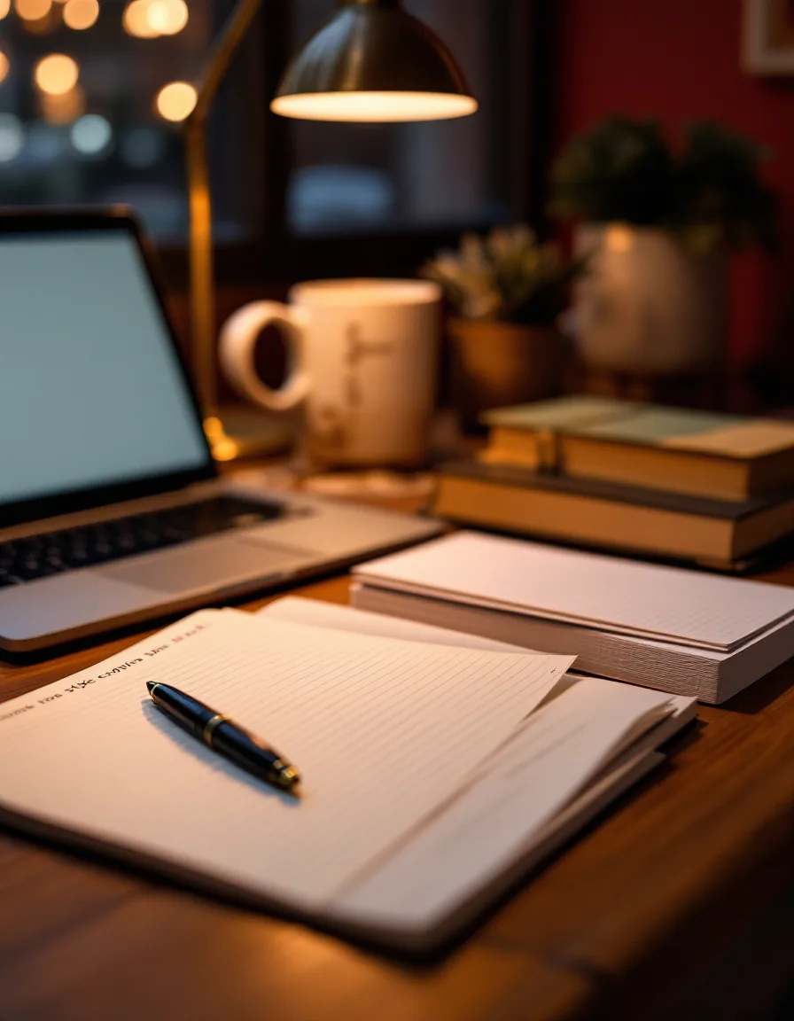 A copywriting studio desk with ruled paper, a fountain pen, and index cards under warm gold light.