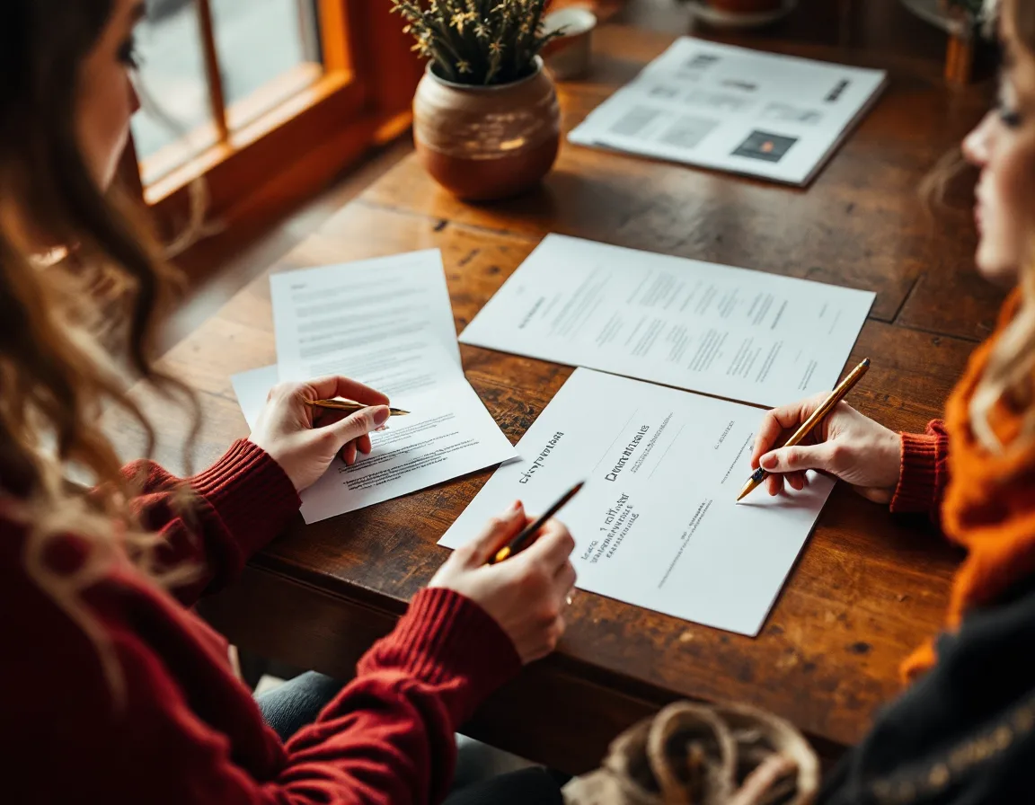 Two writers reviewing printed marketing pages and index cards across a studio table.